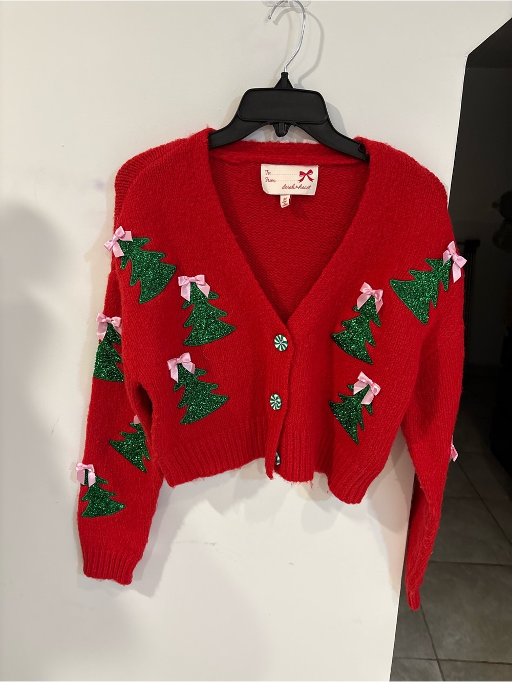 Derek Heart Red V-Neck Cardigan with Green Glitter Tree Appliqués